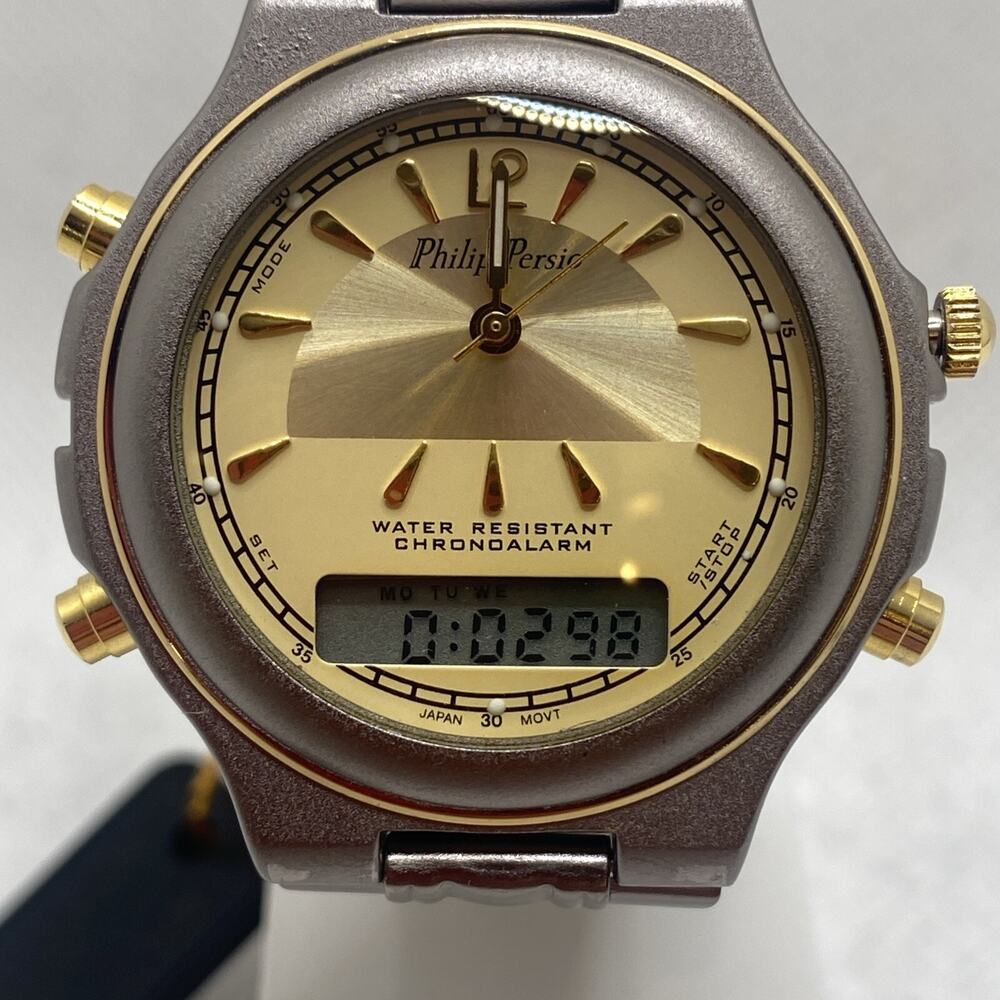 Philip Persio Mens Silver/Gold Chronoalarm Watch New Battery!